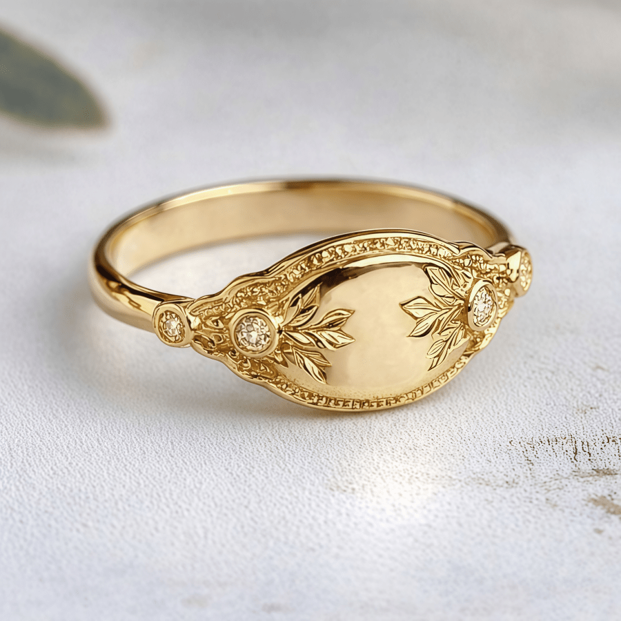 Vintage Golden Copper Ring with Leaf Pattern, Gift for Her